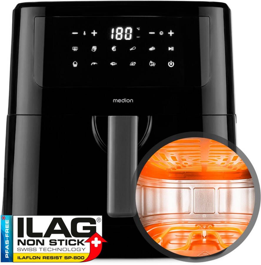 MEDION P10 XL Airfryer (6 8 liter XXL heteluchtfriteuse 2.150 watt twee roestvrijstalen verwarmingselementen schudalarm 9 automatische programma's touch bedieningspaneel LED-display) zwart