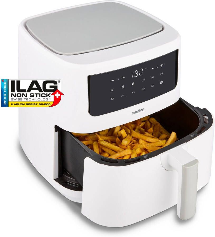 MEDION P10 XL Heteluchtfriteuse (6 8 L XXL Airfryer 2.150 W dubbele verwarmingselementen in roestvrij staal schudalarm 9 programma s LED-touchscreen) mat