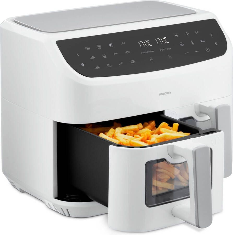 MEDION P20 XXL Dubbele Airfryer (8 7 liter 2.600 watt heteluchtfriteuse met 2 kamers kijkvenster 9 automatische programma's 2 lades Dual Airfryer Dual Cook & Sync finish functie) wit