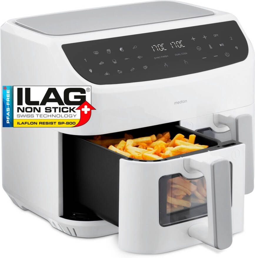 MEDION P20 XXL Dubbele Airfryer (8 7 liter 2.600 watt heteluchtfriteuse met 2 kamers kijkvenster 9 automatische programma's 2 lades Dual Airfryer Dual Cook & Sync finish functie) wit