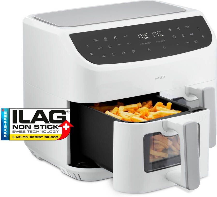 MEDION P20 XXL Dubbele Airfryer (8 7 liter 2.600 watt heteluchtfriteuse met 2 kamers kijkvenster 9 automatische programma's 2 lades Dual Airfryer Dual Cook & Sync finish functie) wit