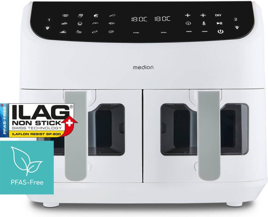 MEDION P20 XXL Heteluchtfriteuse met dubbele kamer (8 7 L Airfryer 2.600 W 10 automatische programma s 2 lades kijkvenster Dual Cook & Sync Finish) mat