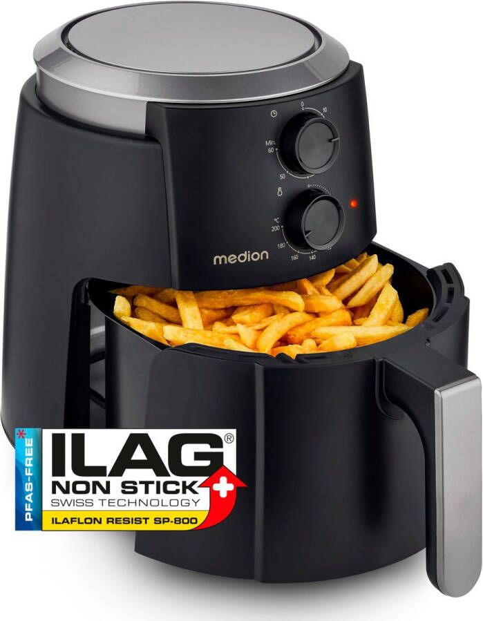 MEDION P30 L Heteluchtfriteuse (4 7 liter airfryer 1500 watt eenvoudige bediening olievrij frituren 60 min timer tot 200° C antiaanbaklaag MD13020) zwart