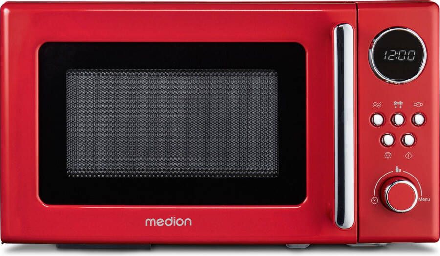 MEDION Retro magnetron MD 15000 rood 800 W vermogen 20 L compact 5 magnetronstanden ontdooifunctie timerfunctie stijlvol retro design