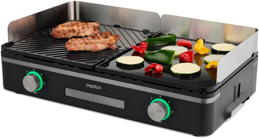 MEDION Tafelgrill met dual-zone-systeem (2400 W 2 afneembare platen individuele temperatuurregeling LED-statusindicator IPX4-bescherming) MD12027