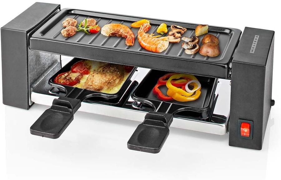 Melissa Gourmetstel voor 2 Personen 400W Grillplaat 23x10cm 2 Raclette Pannetjes met Antiaanbaklaag 16300031 Zwart