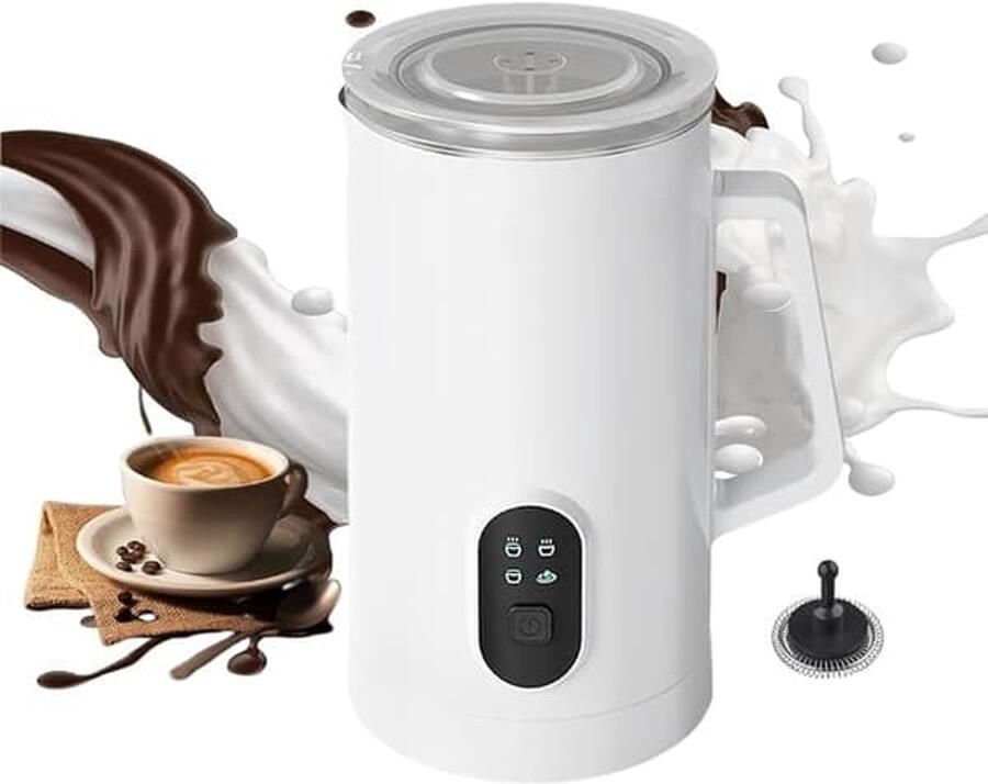 Melkopschuimer 4-in-1 melkschuimer met verwarming 580ml voor warme en koude koffie snel automatisch elektrisch rvs barista voor latte cappuccino macchiato chocolademelk eenvoudig schoon te maken thuis kantoor keuken wit 11*15*19cm