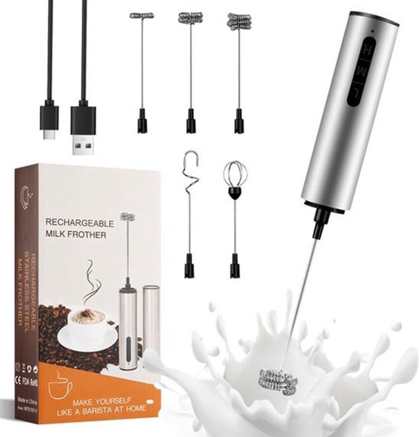 Melkopschuimer Elektrisch USB Hand Melkopschuimer met 3 Snelheden en 5 RVS Opzetstukken Elektrische Garde voor Cappuccino Latte Macchiato Matcha Eieren Slagroom en Eiwitshakes