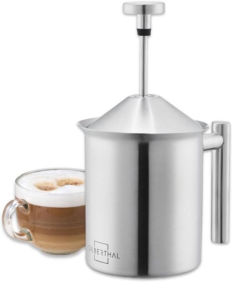Melkopschuimer handmatig roestvrij staal 400 ml perfect melkschuim dankzij dubbele zeef en speciaal drukmechanisme