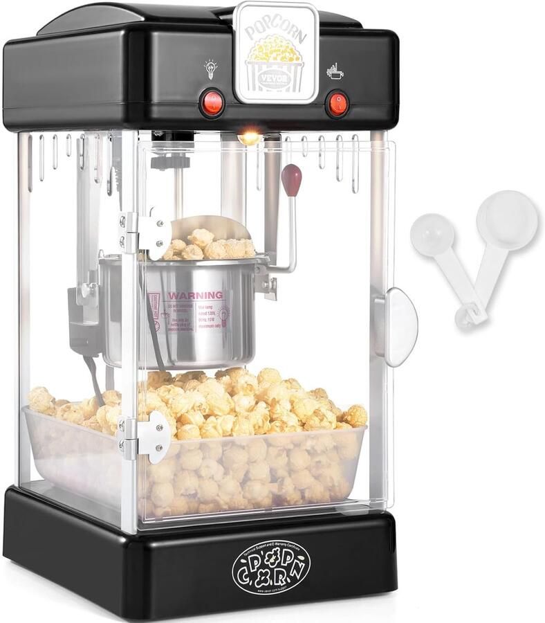 MELVRA Popcornmachine Elektrische Popcornmachine 300W Popcorn Maker Bioscoopstijl voor Thuis & Feestjes Retro Toonbank Popcornmachine Maakt 3.8L per Keer Inclusief Dienblad & 2 Lepels Compact Popcorn Apparaat Zwart