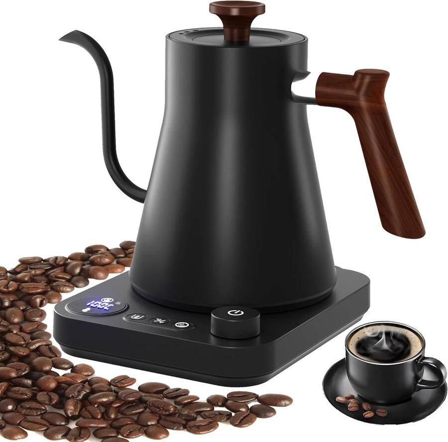 MELVRA Warmwaterdispenser Waterkoker met Zwanenhals 0.9 Liter Temperatuur Instelbaar 40-100°C 1200W Warmhoudfunctie RVS 304 Voor Koffie en Thee Real-time Display Schenktuit voor Precisie Zwart Digitale Waterkoker