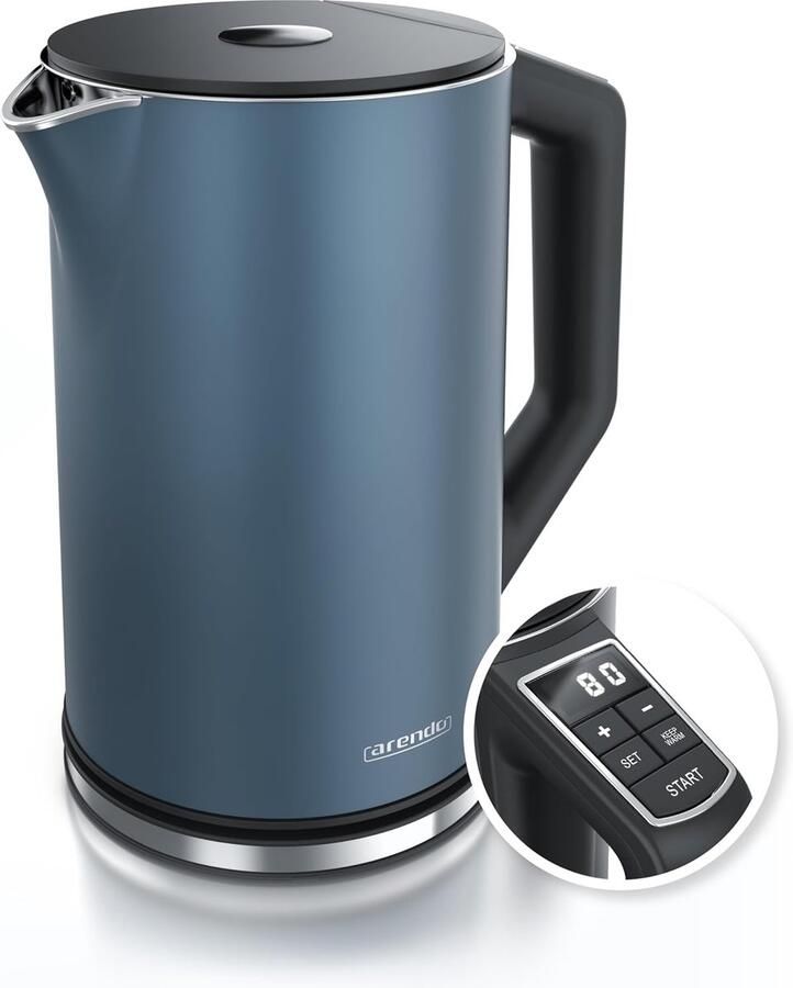 MELVRA Waterkoker RVS Met Temperatuurinstelling 40-100°C Dubbelwandig 1.5 Liter 2200W Waterkoker met Temperatuurweergave Theemaker Cool Touch Digitaal Display Warmhoudfunctie Mat Blauw Elegant Design RVS Waterkoker