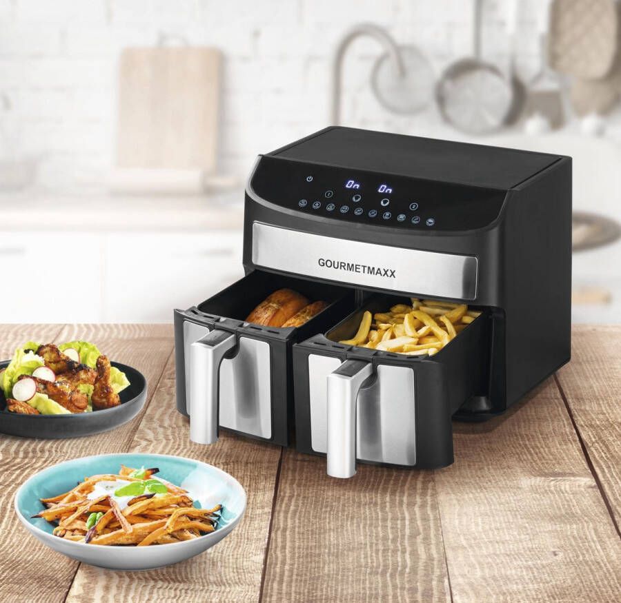 Merk: GOURMETmaxx Dubbelkamer Airfryer 2x 3 5L Roestvrij staal Airfryer Oven met synchroon-kookzones timerfunctie & touchdisplay energiezuinig frituren 10 programma's 2400 watt heteluchtoven - Foto 2