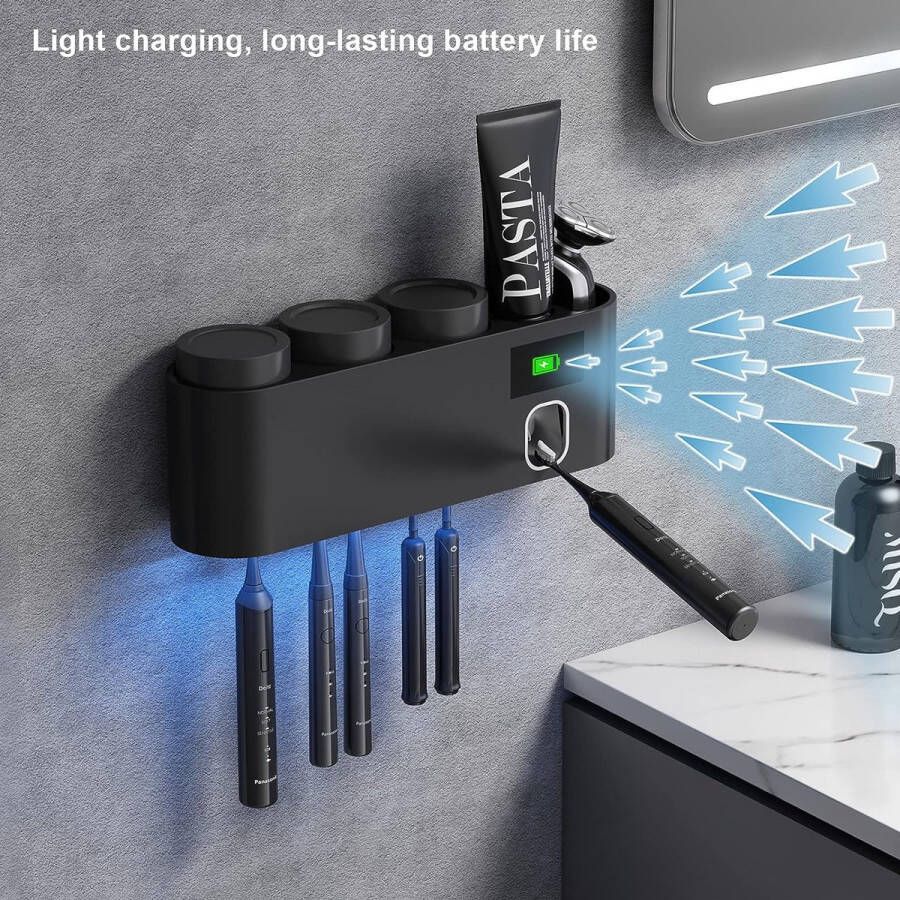 Tandenborstelsterilisator elektrische tandpastadispenser wandgemonteerde badkamertandenborstelhouder opladen via zonne-energie of USB 3 kopjes 6 tandenborstelhouders-UV Black