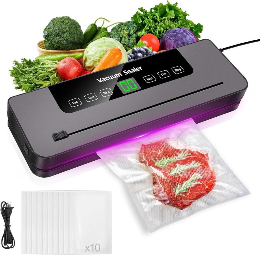 Merk zonder merk Vacuum Sealer voor Thuisgebruik 5-in-1 Vacuummachine met Vac Seal Rijst Droog Nat Modus LED Scherm 10 Vacuümzakken Inbegrepen Verlengt Versheid van Vlees Groenten & Graan