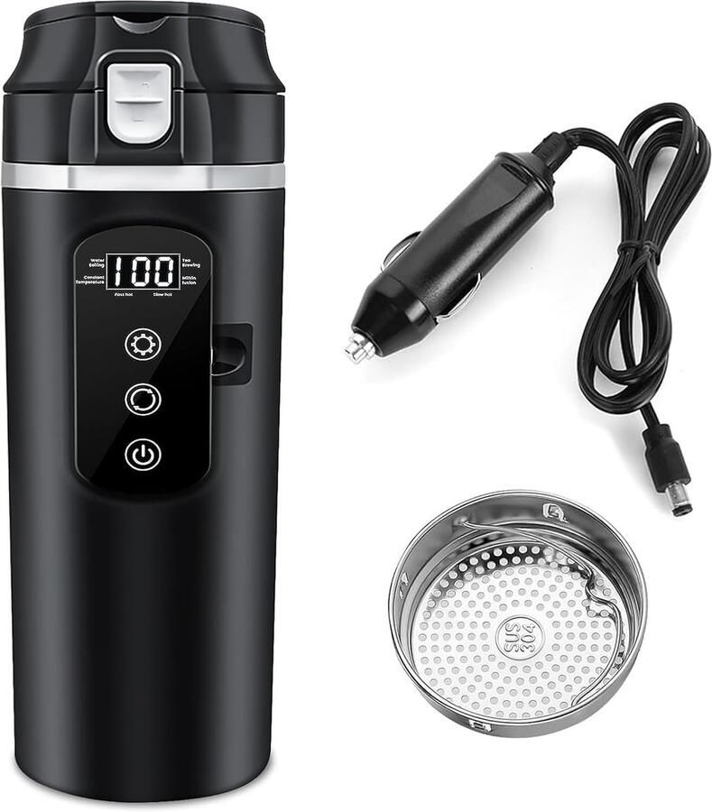 ´merkloo Waterkoker voor auto 500 ml Dc 12 V 24 V elektrische waterkoker voor reisbeker auto met lcd-display draagbaar voor auto reizen camping (zwart)