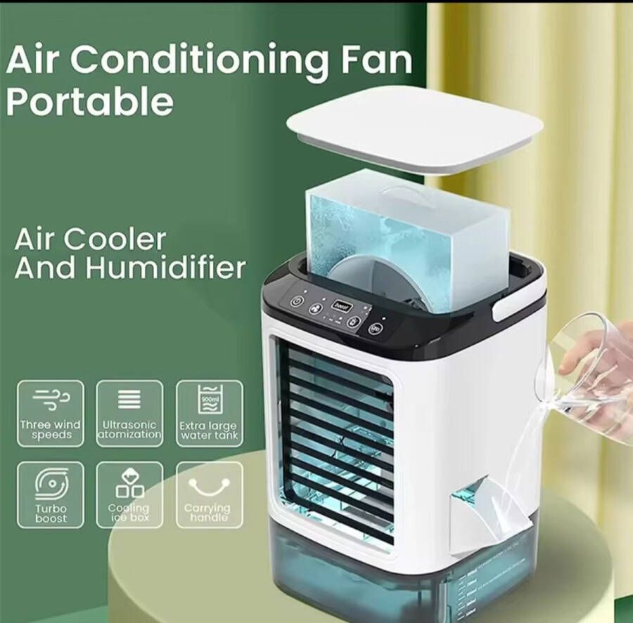 Merkloos Aircooler Airco 12Watt Koelventilator Ventilator Bevochtiger met Sprayfunctie Mini Voor Slaapkamer of Bureau 900 ml Grote Watertank Met 5v USB Ijsmachine Mobiele Airco Luchtkoeler