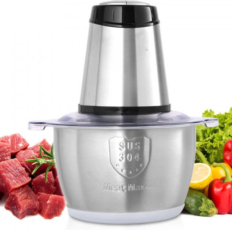 Merkloos elektrische keukenmachine vleesmolen 400 W multifunctionele hakmolen 2 L vulcapaciteit blender 3000 rpm + 4000 rpm groentesnijder inclusief roestvrijstalen kom & mes & schraper
