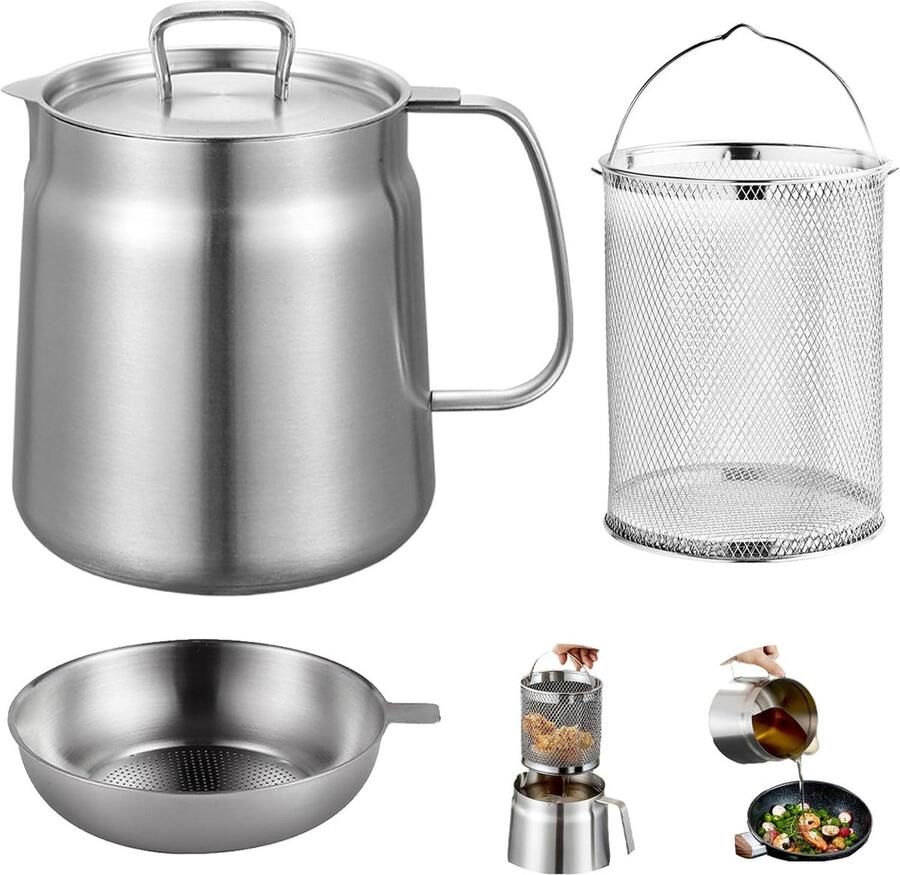 Merkloos Frituurpan van roestvrij staal 2 L Geschikt Voor Inductiekookplaat Roestvrijstalen frituurmand Scheidt vetresten Frituur Pan Scheidt Geschikt Voor gas en inductie