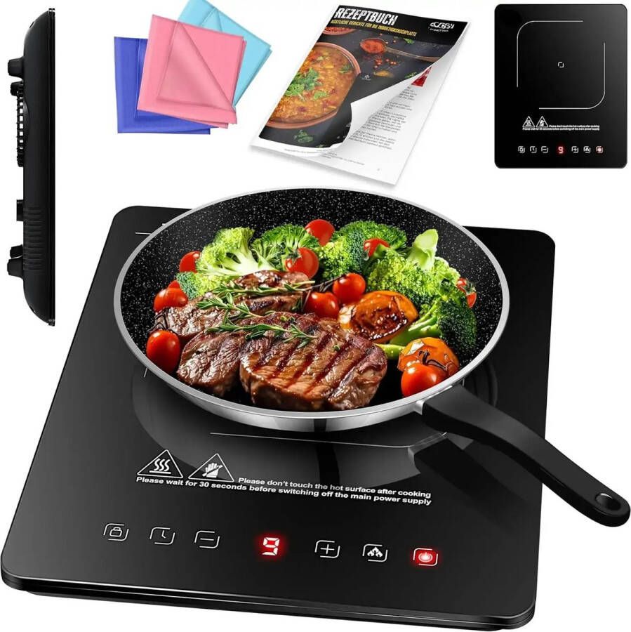 Kesser Inductie Kookplaat Vrijstaand 2100W Elektrische Kookplaat met 1x pit van 28 cm + 3x microvezeldoek + 1x receptenboek 9 warmtestanden timer van 8 uur tiptoetsbediening boosterfunctie 220-240V Zwart