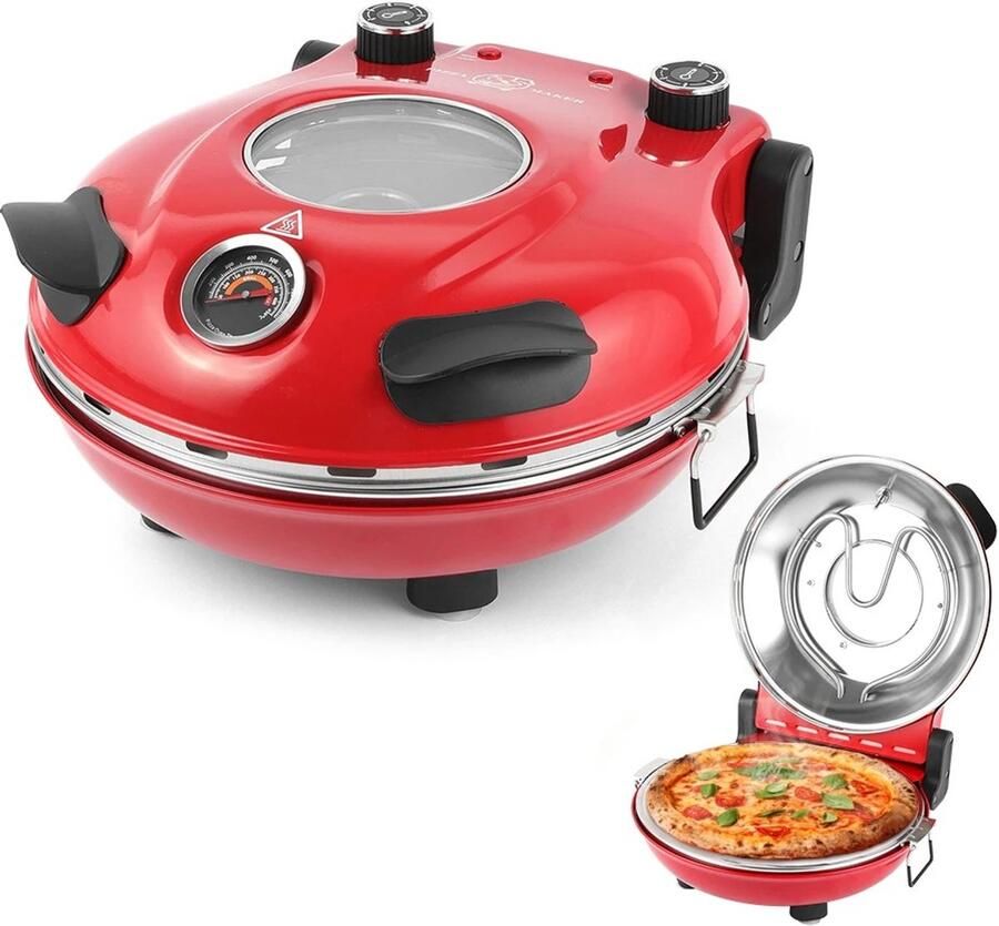 Merkloos Lifero Elektrische Pizzaoven – Met Keramische Pizzasteen – Pizzapan Elektrisch Pizzabakker 1200W – In 5 Min. Knapperig – Rood
