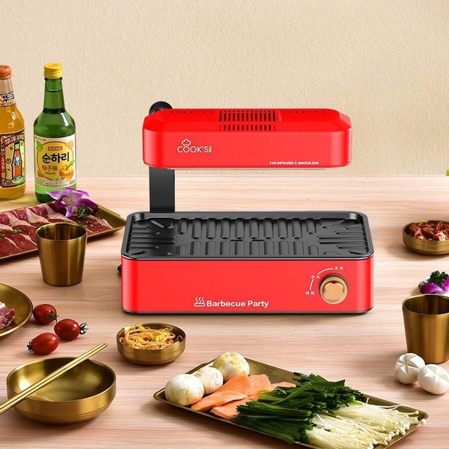 Merkloos Lnfrarood elektrische bakplaat–220–240V 1100W Instelbare Temperatuur–1390W vermogen—Afneembare Bakplaat–Vetopvangbak–Voor BBQ & Gezond Grillen–Rood