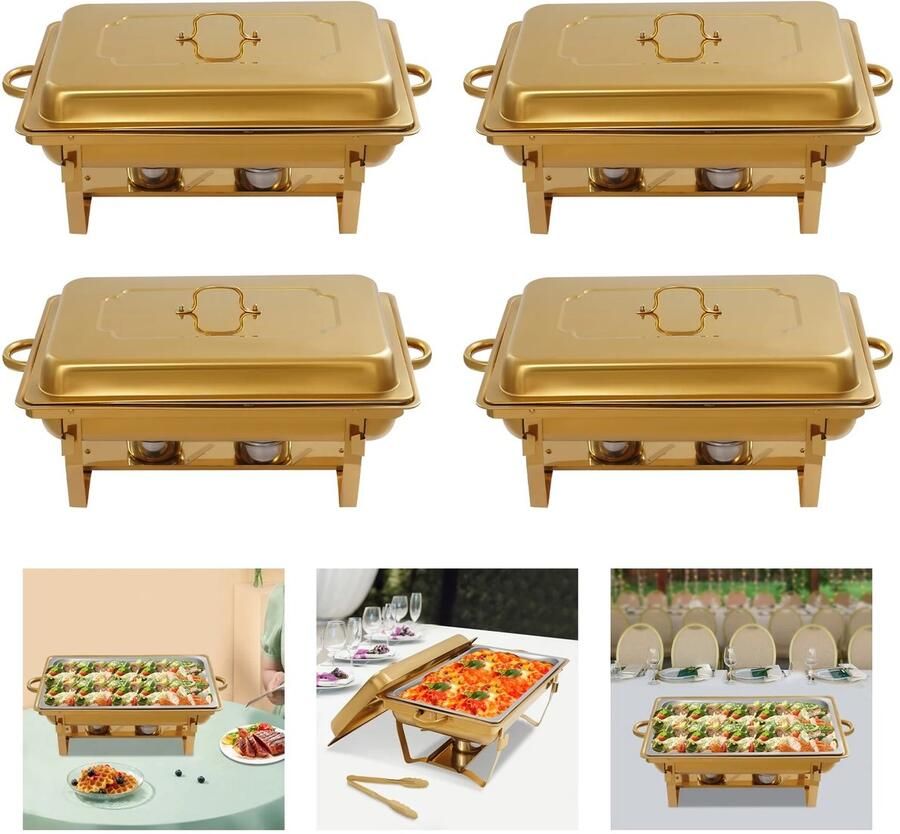 Merkloos Sensova Server Buffetstandaard Goud voor Professioneel Serveren Luxe Cateringschaal met Deksel Voor Buffet en Catering Food Warmer voor Warmhouden van Gerechten Praktische Voedselverwarmer voor Feesten Events en Horeca Gebruik