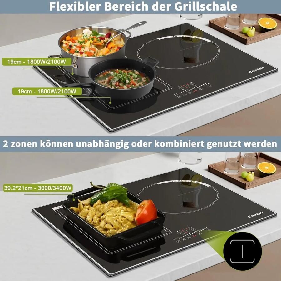 Inductie kookplaat Induction Hob Induction Cook Top Inductie Fornuis Elektrische Brander Inductiekookplaat met frame 60 cm 3 platen 6800W Flexzone voor grill Schuifbediening Touch Control Kinderbeveiliging Zwart