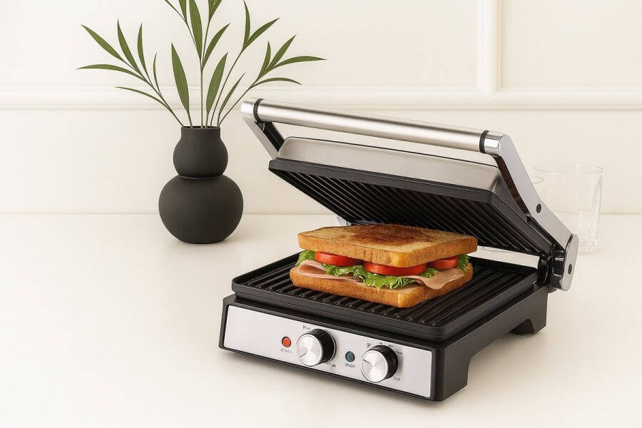 Mevaz Panini Maker 2000W – RVS – 180° Openklapbaar – Voor Panini's Tosti's en Gegrilde Sandwiches