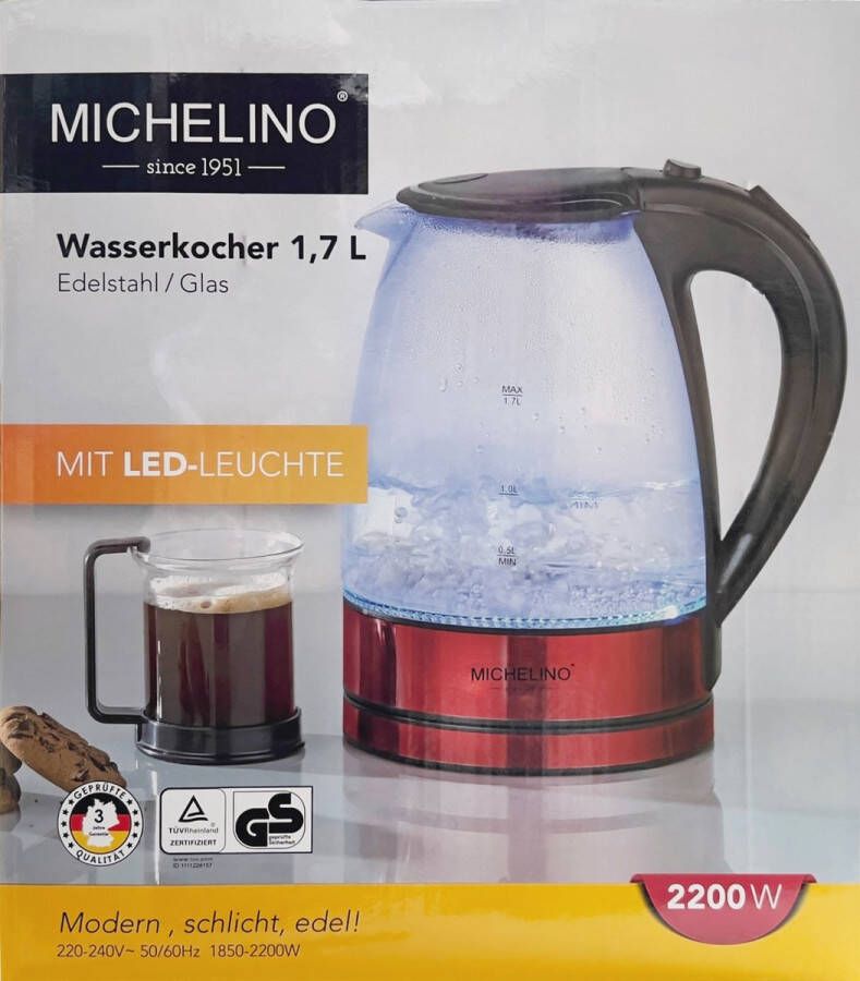 Michelino 74318 Waterkoker 1 7 Liter RVS 2200Watt Zwart rood - Foto 1