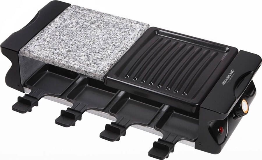 Michelino 74383 Raclett BBQ-grill voor 8 personen met 8 stenen platen PP-spatels tafelgrill grillplaat semi-antiaanbakplaat
