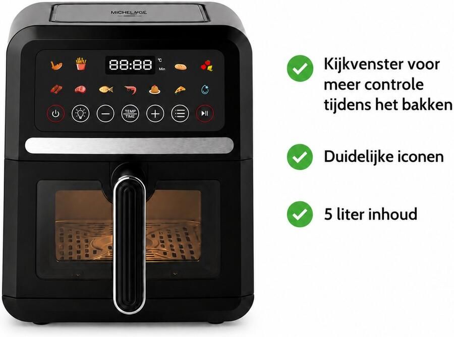 Michelino Heteluchtfriteuse 5L 1500W Sichtfenster 60-200°C Timer tot 720 min Antiaanbaklaag Zwart