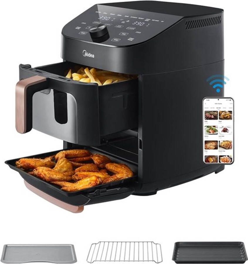 Midea Air fryer MF-CY110A Heteluchtfriteuse dubbele stapel overlappende heteluchtfriteuse slimme wifi-synchronisatie met Alexa 11L XL verticaal ruimtebesparend ontwerp 10-in-1 mandgrillpan geschikt voor 3 tot 8 personen 2400 W