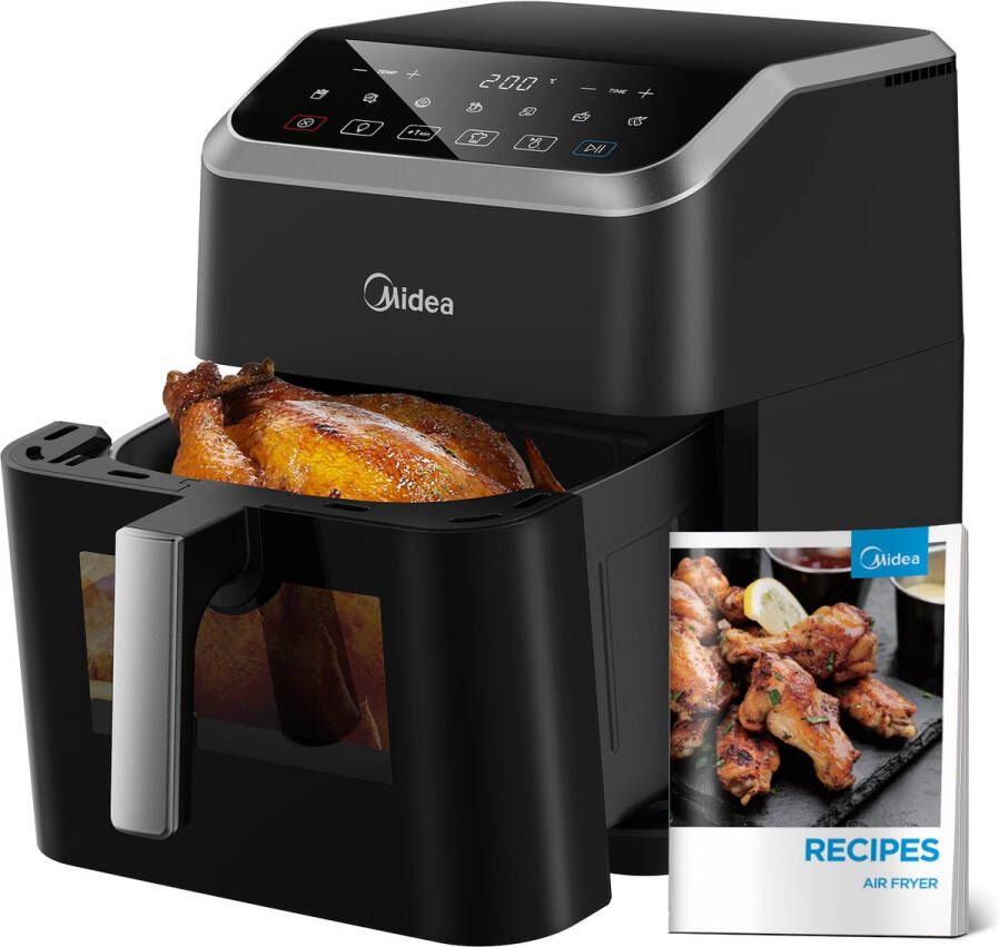 Midea Air fryer MF-CY70K Hete lucht friteuse 7L Capaciteit HeatXpress Technologie 90% Minder Olie Energie en Tijdsbesparing met 7 Voorinstellingen Transparante klep Verlicht Antiaanbaklaag Zwart