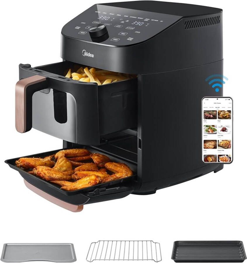 Midea Airfryer MF-CY110A – Heteluchtfriteuse 11L – Dubbele Stapel – Slimme WiFi Sync met Alexa – 10-in-1 (Airfry Grill Bakken Braden) – Verticaal Ruimtebesparend Ontwerp – Inclusief Mand Grillpan & Rooster – 2400W – Voor 3–8 Personen