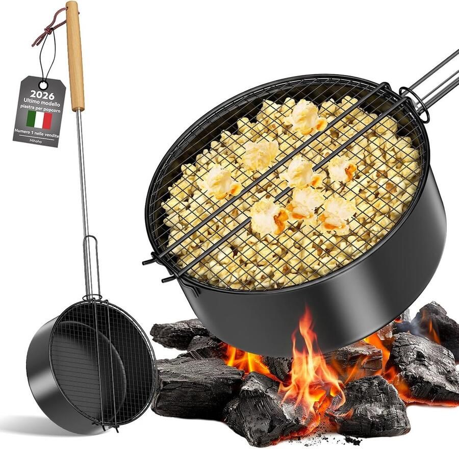 Miho Popcornpan voor kampvuur en barbecue van hoogwaardig koolstofstaal en veiligheidsgreep perfect voor campingmachine en popcorn (zwart Q)