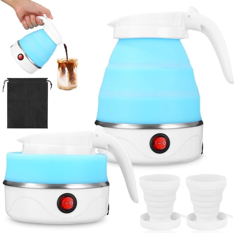 Mini Draagbare Waterkoker Blauw 0 6 L Siliconen met Roestvrijstalen Bodem Voor Reizen en Kamperen