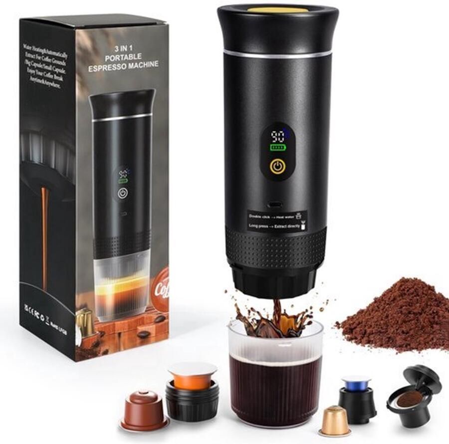 Mini-koffiezetapparaat capsulemachine draagbaar koffiezetapparaat elektrische espressomachine compatibel met koffiecapsules en koffiepoeder direct opwarmen voor camping auto reizen zwart