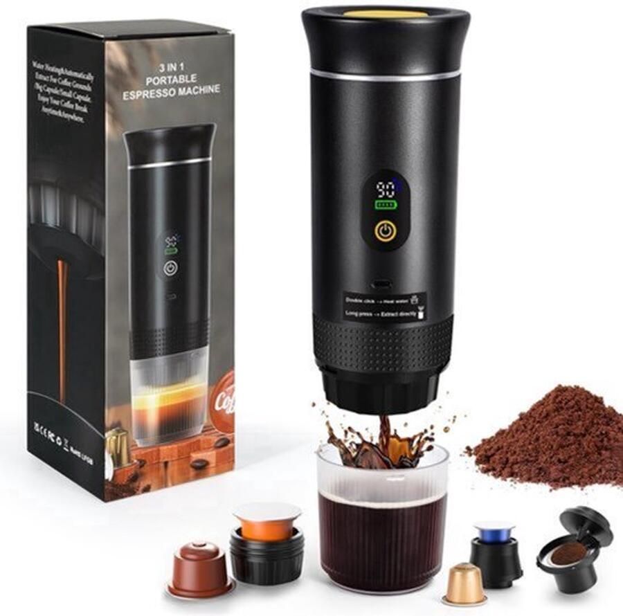 Mini-koffiezetapparaat capsulemachine draagbaar koffiezetapparaat elektrische espressomachine compatibel met koffiecapsules en koffiepoeder direct opwarmen voor camping auto reizen zwart