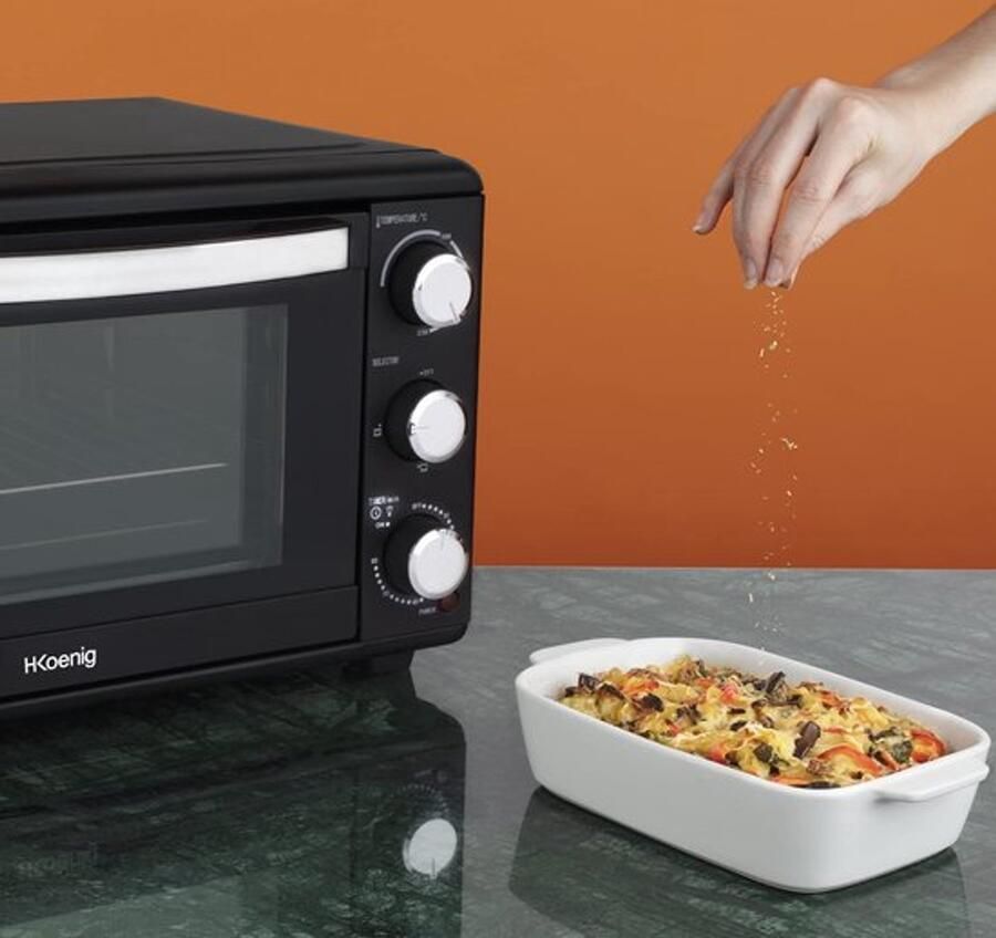 Mini Oven Elektrisch Compact Multifunctioneel 1500W Programmeerbaar 4 Kookstanden 230° Timer 60 min Glazen Deur Lekbak met Tang Kookrooster 25L