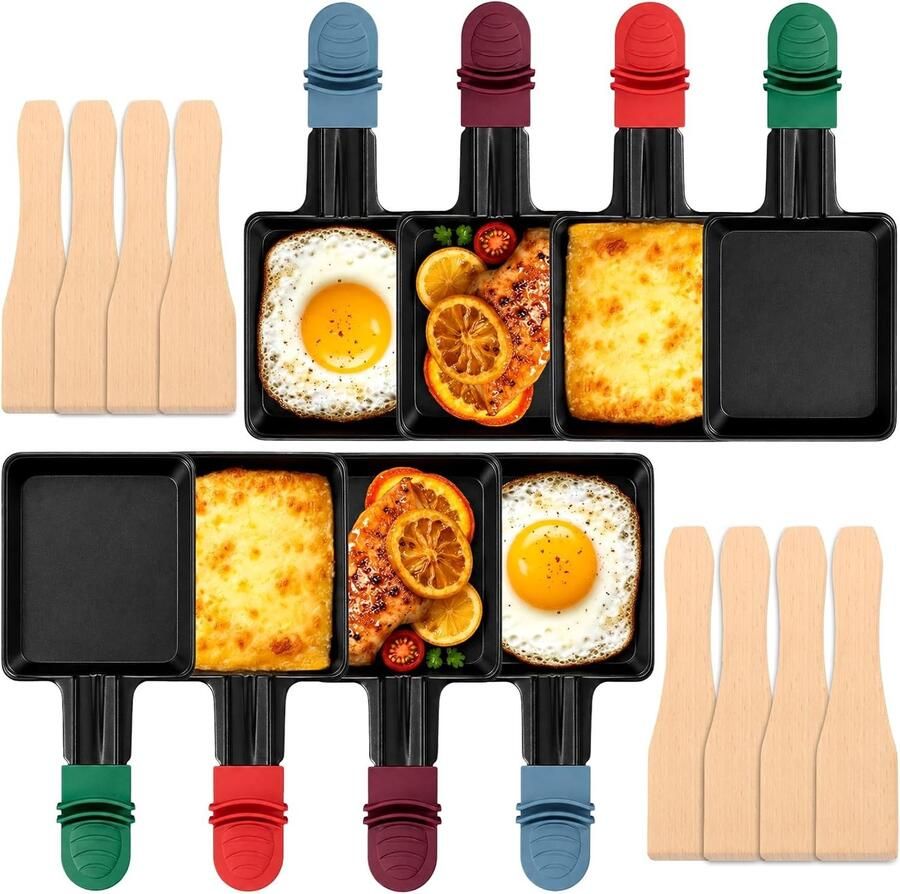 Mini Raclette Pannetjes Vierkant Antiaanbaklaag Inclusief Houten Schepjes Voor Raclette Avonden