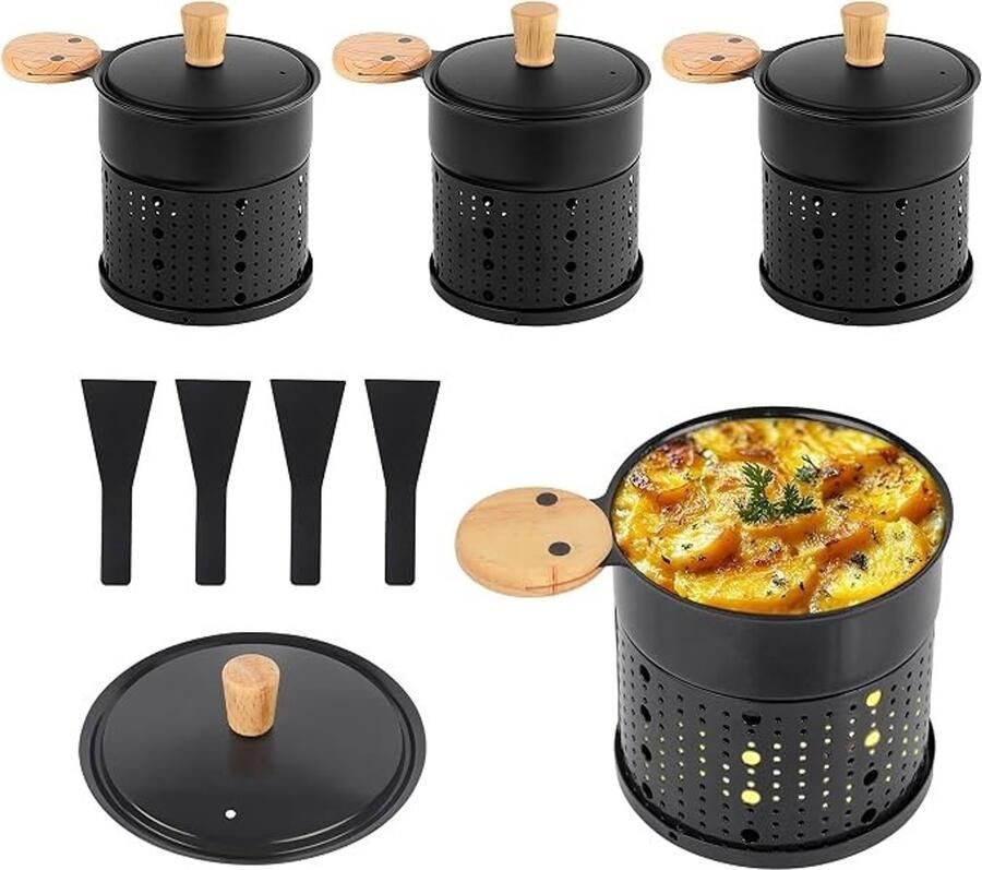 Mini Raclette Set van 4 Kaarsgestookte Raclette Pannetjes met Deksel en Spatels