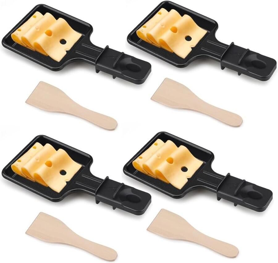 Mini-set van 4 Raclette-pannen Zwart 19 x 9 x 1 5 cm Met Antiaanbaklaag en Houten Spatels Voor Gezellig Koken