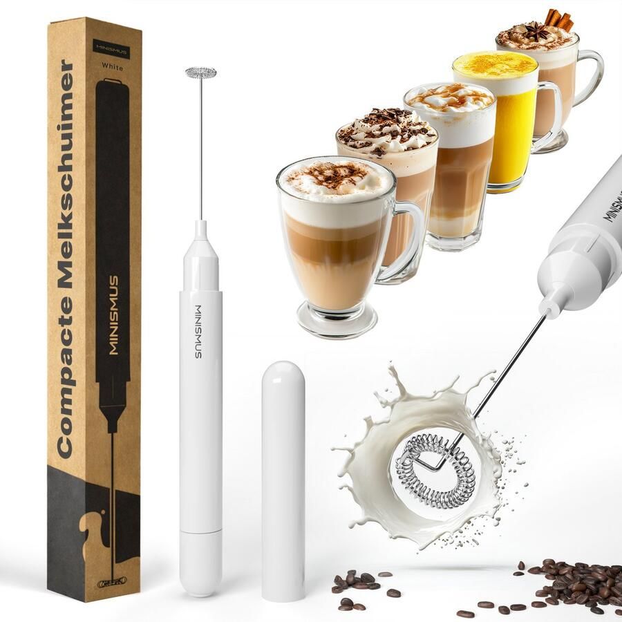 Minismus Melkopschuimer Handmatig Elektrisch Matcha Klopper Elektrische Melkopschuimer Makkelijk Op te Bergen Werkt op Batterijen en Handige Opbergkoker Wit