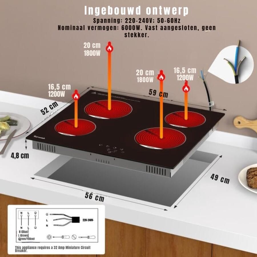 Mira Elektrische Kookplaat 4 Pits Elektrische Fornuis Elektrische Kookplaat Vrijstaand 4 Kookzones Kinderslot Zwart 68cm x 63cm x 11cm - Foto 2