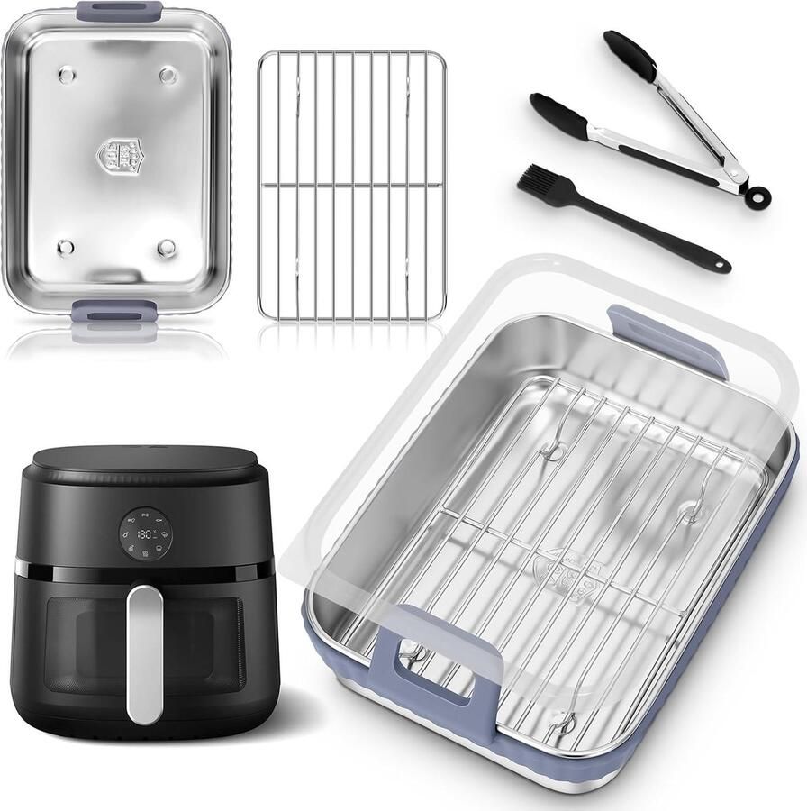 Mittimiya Ovenschaal Airfryer set voor Ninja AF400 AF500 SL400 Cosori heteluchtfriteuse met 2 kamers airfryer-accessoires van roestvrij staal 304 met afneembare siliconen ring grillrooster en