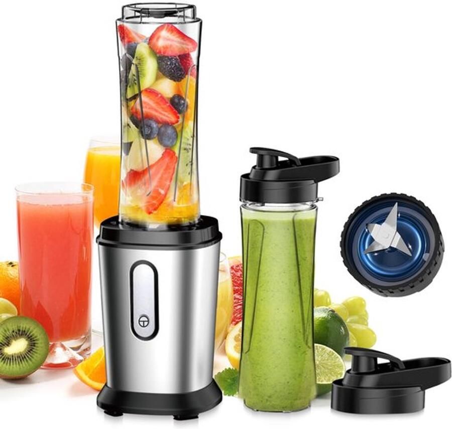 Mixer 500 W mini-blender & smoothie maker met 2 x 600 ml flessen BPA-vrij Tritan draagbare blender smoothie maker van roestvrij staal met 4 messen voor shake smoothie zilver en zwart