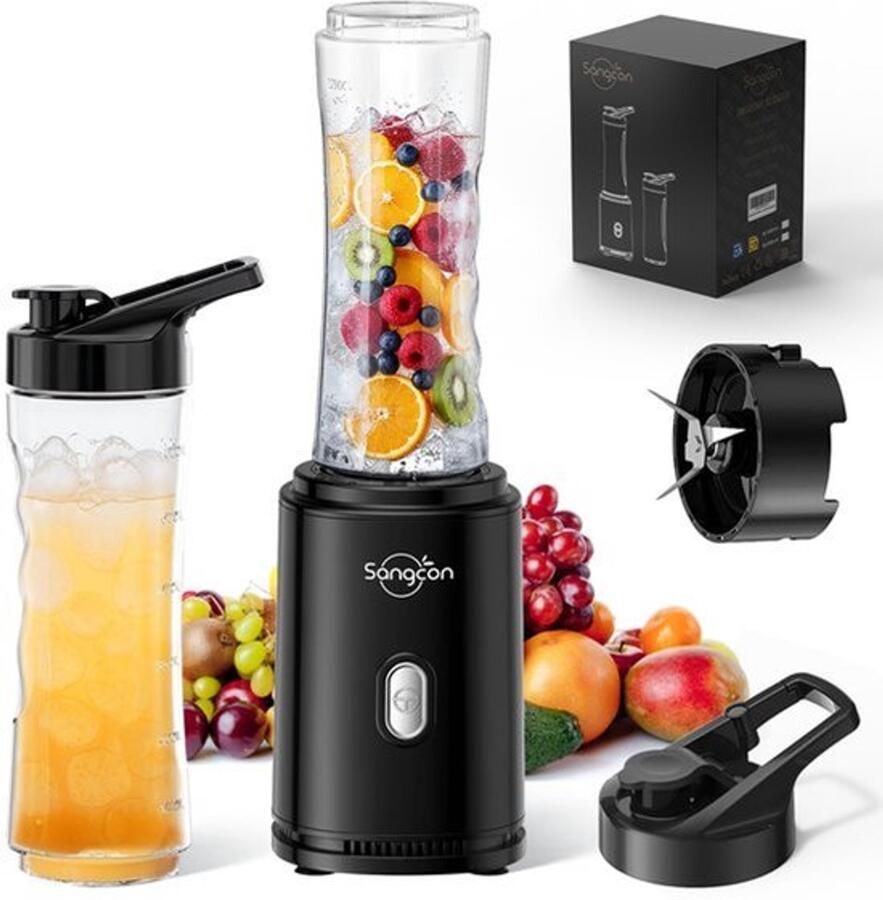 Mixer Smoothie Maker elektrische draagbare sportblender voor shakes en smoothies met 2 BPA-vrije 600 ml Tritan To Go-fles + 2 drinksluitingen 4 messen pulse-knop zwart