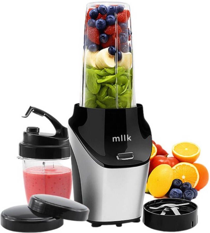 MLLK Blender To Go 1000 Watt Smoothie Maker 1 Liter – Met To Go Drinkbeker 450ml – Blenders 1000 ml incl. Accessoires Smoothiemaker Zwart RVS 1000W