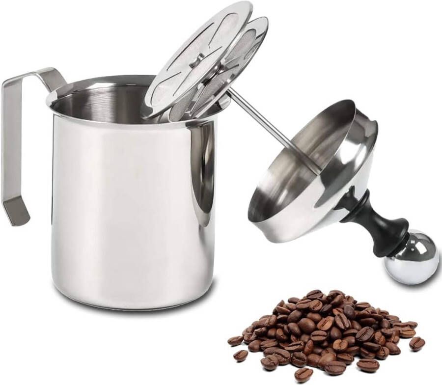 Mmgoqqt 1 Stuks Handmatige Melkopschuimer RVS 304 Zilveren Melkschuimer Voor Cappuccino Latte 400ml Dubbele Rooster